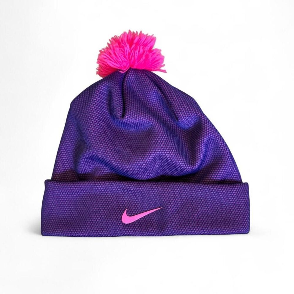 Nike Youth Pom Beanie Purple Pink Fleece Lined Winter Knit Hat Swoosh